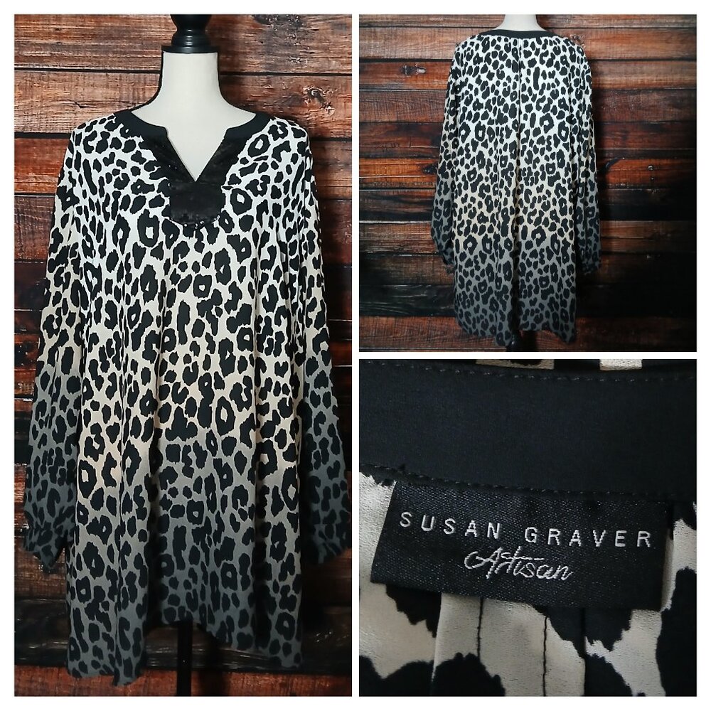 Susan Graver Artisan Tunic Top Plus Size 22W Leopard Ombre Sequin Neck Flowy